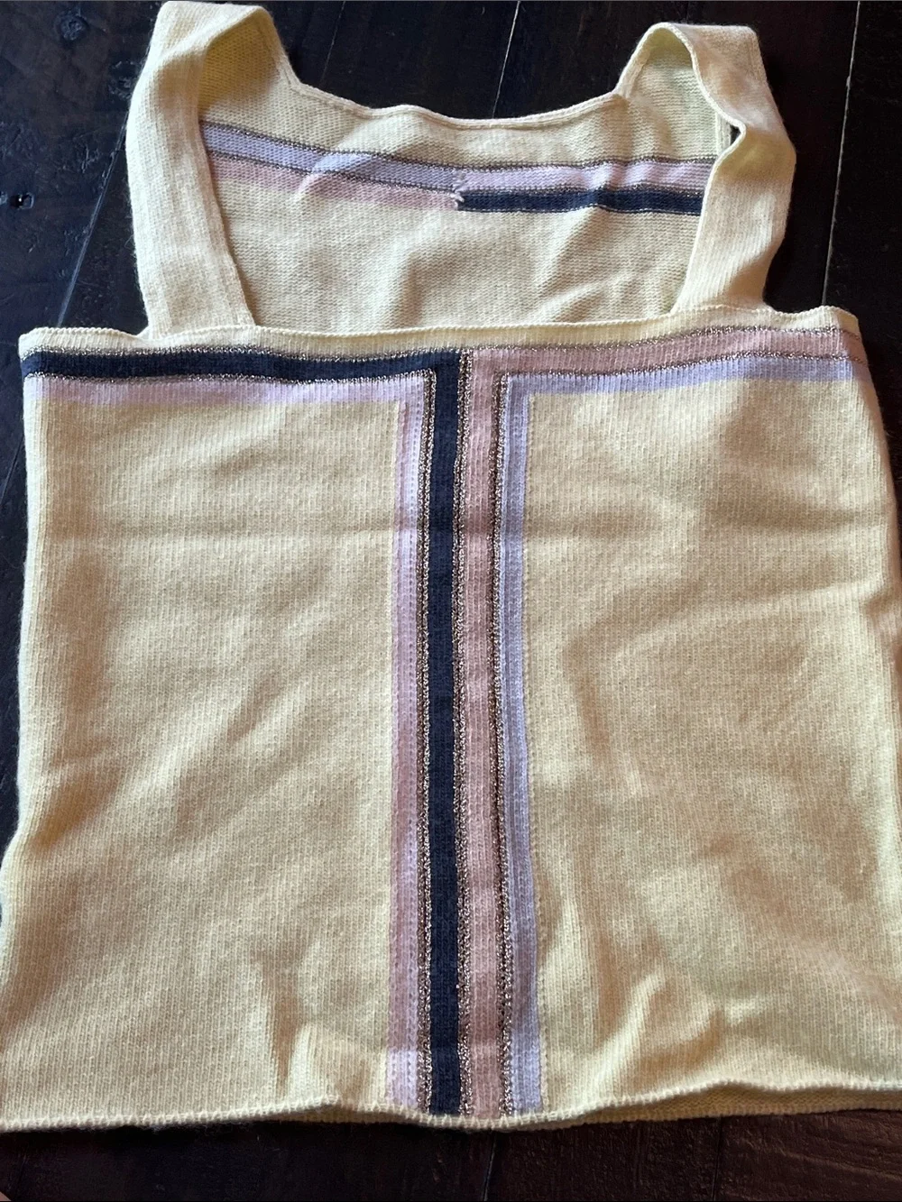 CHANEL Cream Knit Top with Metal Logo Plaque
